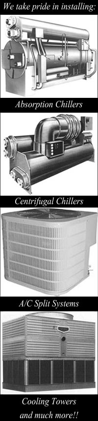 black and white images of what we install - absorption chillers, recip chillers, split systems and cooling towers 